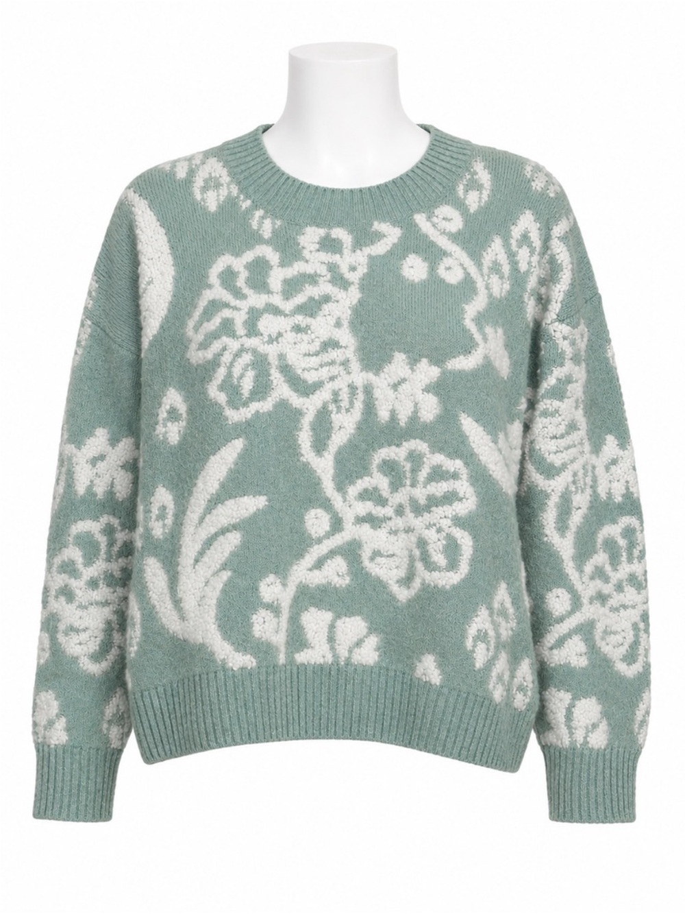 Size M Max Studio Women’s Floral Bouclé Crewneck Sweater Sage Green White